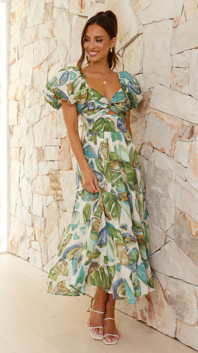 Green Blue Print Maxi Dress