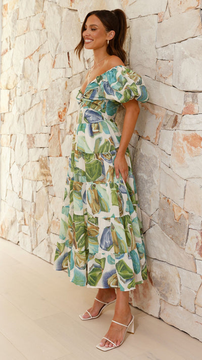 Green Blue Print Maxi Dress