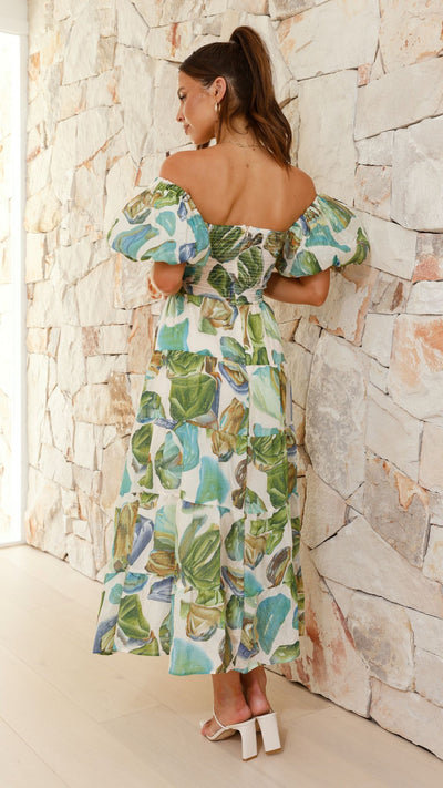 Green Blue Print Maxi Dress