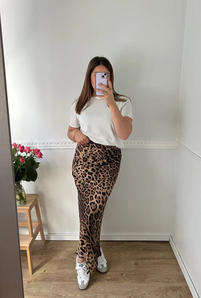 Leopardí saténová maxi sukně
