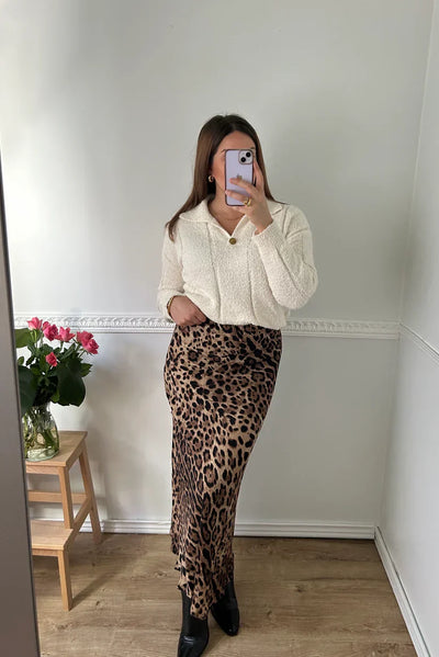 Leopardí saténová maxi sukně