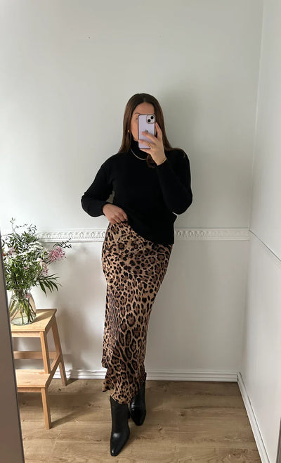 Leopardí saténová maxi sukně